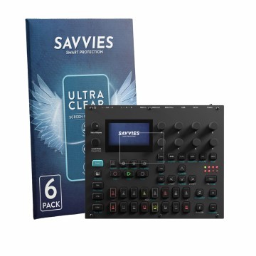 Parte frontal de un envase de producto con el logotipo de la marca Savvies. Al lado se muestra el dispositivo Elektron Digiton