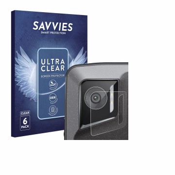 Face avant d’un emballage produit avec le logo de la marque Savvies. À côté, l’appareil Crosscall Stellar M6E (Caméra UNIQUEME