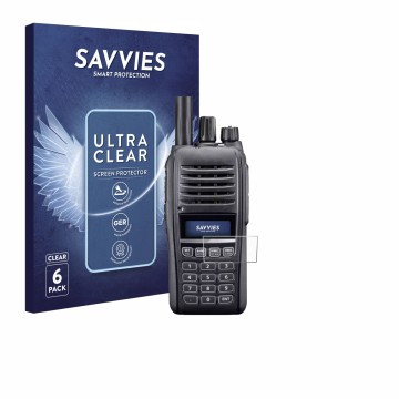 Face avant d’un emballage produit avec le logo de la marque Savvies. À côté, l’appareil Icom IC-T10 est représenté avec la pro