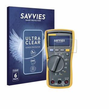 Parte frontal de un envase de producto con el logotipo de la marca Savvies. Al lado se muestra el dispositivo Fluke MultiMeter