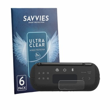 Parte frontal de un envase de producto con el logotipo de la marca Savvies. Al lado se muestra el dispositivo JBL Tuner 3 con 
