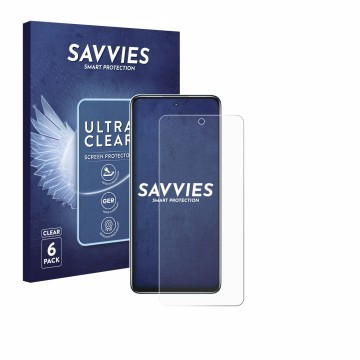 Vorderseite einer Produktverpackung mit dem Markenlogo Savvies. Daneben ist das Gerät Huawei Nova Y73 mit dem zugehörigen Disp