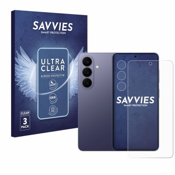 Vorderseite einer Produktverpackung mit dem Markenlogo Savvies. Daneben ist das Gerät Samsung Galaxy S26 (Display+Kamera) mit 