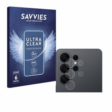Face avant d’un emballage produit avec le logo de la marque Savvies. À côté, l’appareil Samsung Galaxy S26 Ultra (Caméra UNIQU