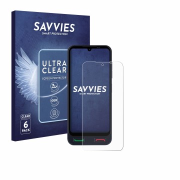 Face avant d’un emballage produit avec le logo de la marque Savvies. À côté, l’appareil SPC Zeus 2 Pro est représenté avec la 