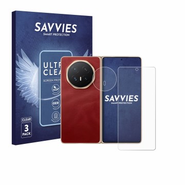 Front side of a product packaging with the brand logo Savvies. Next to it is the device Honor Magic V6 (Front+Camera) shown wi