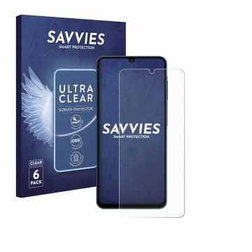 Parte frontal de un envase de producto con el logotipo de la marca Savvies. Al lado se muestra el dispositivo Samsung Galaxy F