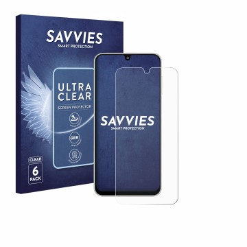 Face avant d’un emballage produit avec le logo de la marque Savvies. À côté, l’appareil Samsung Galaxy M16 est représenté avec