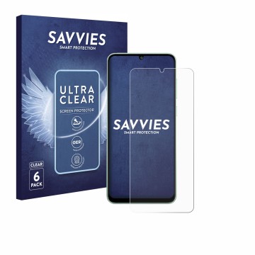 Parte frontal de un envase de producto con el logotipo de la marca Savvies. Al lado se muestra el dispositivo Samsung Galaxy M