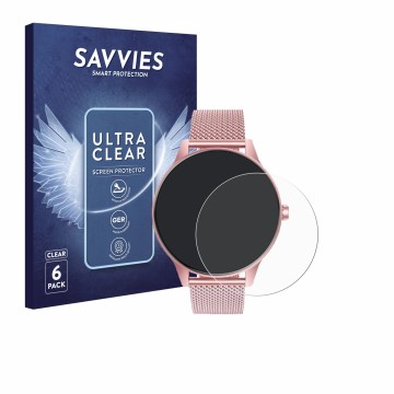 Face avant d’un emballage produit avec le logo de la marque Savvies. À côté, l’appareil TAOLOON Smartwatch 1.27