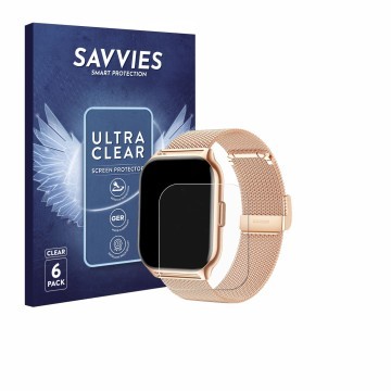 Face avant d’un emballage produit avec le logo de la marque Savvies. À côté, l’appareil APAUK Smartwatch 2.01