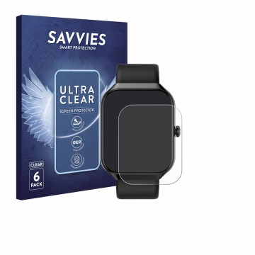 Face avant d’un emballage produit avec le logo de la marque Savvies. À côté, l’appareil Matast Smartwatch 1.96