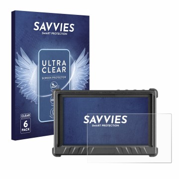 Face avant d’un emballage produit avec le logo de la marque Savvies. À côté, l’appareil Desview P5 II 5.5