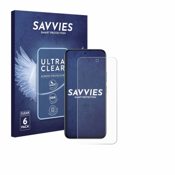 Front side of a product packaging with the brand logo Savvies. Next to it is the device realme C85 5G shown with the correspon