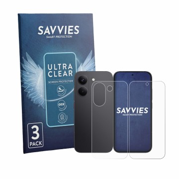 Front side of a product packaging with the brand logo Savvies. Next to it is the device Xiaomi Poco X8 Pro (Front+Back) shown 