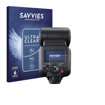 Parte frontal de un envase de producto con el logotipo de la marca Savvies. Al lado se muestra el dispositivo Canon Speedlite 