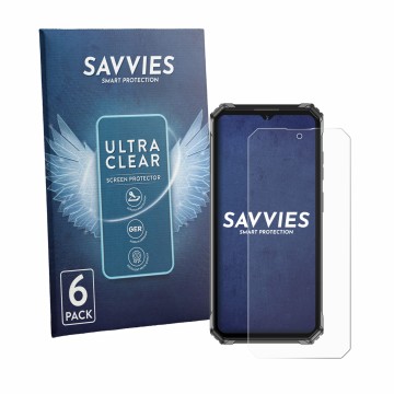 Parte frontal de un envase de producto con el logotipo de la marca Savvies. Al lado se muestra el dispositivo Oukitel G7 con s