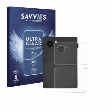 Parte frontal de un envase de producto con el logotipo de la marca Savvies. Al lado se muestra el dispositivo Light Phone 3 (T