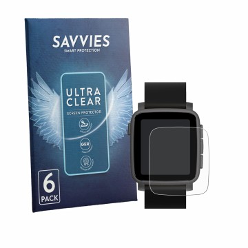 Parte frontal de un envase de producto con el logotipo de la marca Savvies. Al lado se muestra el dispositivo Pebble Time 2 20