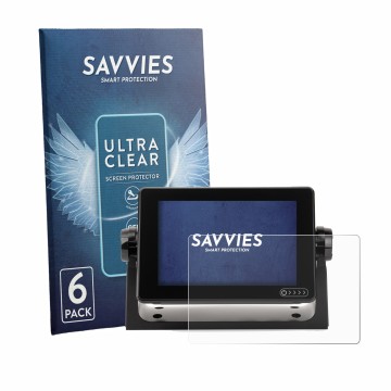 Face avant d’un emballage produit avec le logo de la marque Savvies. À côté, l’appareil Raymarine Axiom+ 7 est représenté avec