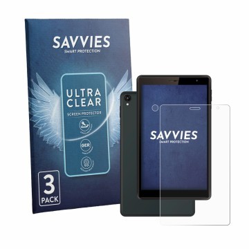 Parte frontal de un envase de producto con el logotipo de la marca Savvies. Al lado se muestra el dispositivo Logicom Tab 80 8