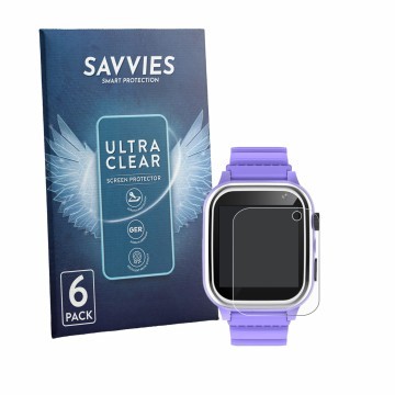Vorderseite einer Produktverpackung mit dem Markenlogo Savvies. Daneben ist das Gerät kaacly Kids Smartwatch 1.44