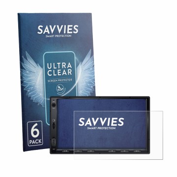 Face avant d’un emballage produit avec le logo de la marque Savvies. À côté, l’appareil Atoto A5LG2A7T 7