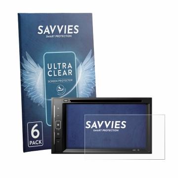 Vorderseite einer Produktverpackung mit dem Markenlogo Savvies. Daneben ist das Gerät Pioneer DMH-A240DAB mit dem zugehörigen 