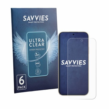 Front side of a product packaging with the brand logo Savvies. Next to it is the device Huawei Enjoy 90 Pro Max shown with the