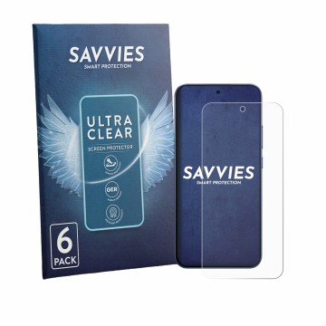 Front side of a product packaging with the brand logo Savvies. Next to it is the device Oppo F33 Pro shown with the correspond