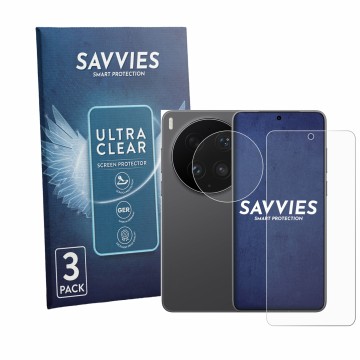 Parte frontal de un envase de producto con el logotipo de la marca Savvies. Al lado se muestra el dispositivo Vivo X300 Ultra 