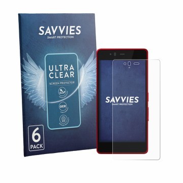 Parte frontal de un envase de producto con el logotipo de la marca Savvies. Al lado se muestra el dispositivo Fujitsu Arrows M
