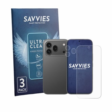 Face avant d’un emballage produit avec le logo de la marque Savvies. À côté, l’appareil Honor 600 Pro (Avant+Caméra) est repré