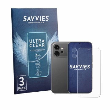 Parte frontal de un envase de producto con el logotipo de la marca Savvies. Al lado se muestra el dispositivo Honor 600 (Front