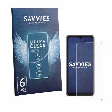 Parte frontal de un envase de producto con el logotipo de la marca Savvies. Al lado se muestra el dispositivo Sonim XP Pro E c