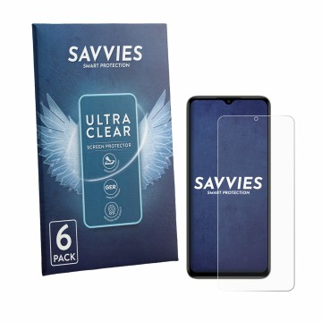 Parte frontal de un envase de producto con el logotipo de la marca Savvies. Al lado se muestra el dispositivo Itel Zeno 100 co