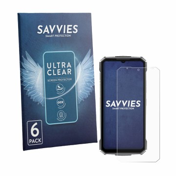Parte frontal de un envase de producto con el logotipo de la marca Savvies. Al lado se muestra el dispositivo Doogee Fire 7 Ul
