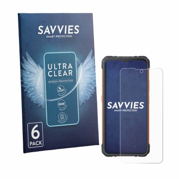 Vorderseite einer Produktverpackung mit dem Markenlogo Savvies. Daneben ist das Gerät Cubot KingKong Ace 5 mit dem zugehörigen