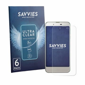 Front side of a product packaging with the brand logo Savvies. Next to it is the device Sharp Aquos SHV37 shown with the corre