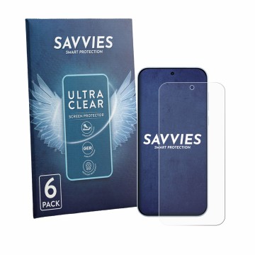 Vorderseite einer Produktverpackung mit dem Markenlogo Savvies. Daneben ist das Gerät OnePlus Nord CE 6 mit dem zugehörigen Di