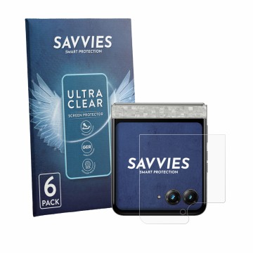 Vorderseite einer Produktverpackung mit dem Markenlogo Savvies. Daneben ist das Gerät Motorola Razr 70 (Hinteres Display) mit 