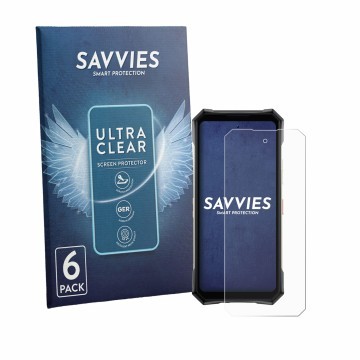 Front side of a product packaging with the brand logo Savvies. Next to it is the device Doogee S300 Plus shown with the corres
