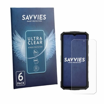 Parte frontal de un envase de producto con el logotipo de la marca Savvies. Al lado se muestra el dispositivo Doogee Fire 7 Pr