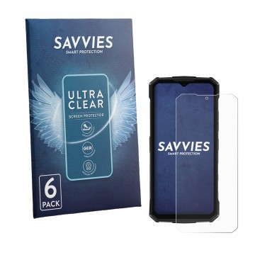 Parte frontal de un envase de producto con el logotipo de la marca Savvies. Al lado se muestra el dispositivo Doogee Fire 5 Pr