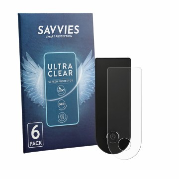 Face avant d’un emballage produit avec le logo de la marque Savvies. À côté, l’appareil Xiaomi Electric Scooter 6 Lite est rep