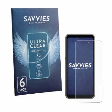 Face avant d’un emballage produit avec le logo de la marque Savvies. À côté, l’appareil ingenico Axium NX8 est représenté avec