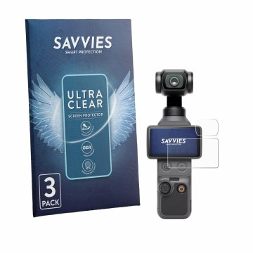 Parte frontal de un envase de producto con el logotipo de la marca Savvies. Al lado se muestra el dispositivo DJI Osmo Pocket 