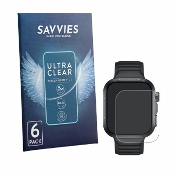Parte frontal de un envase de producto con el logotipo de la marca Savvies. Al lado se muestra el dispositivo Huawei Watch Fit