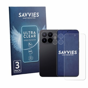 Vorderseite einer Produktverpackung mit dem Markenlogo Savvies. Daneben ist das Gerät Xiaomi 17T Pro (Display+Kamera) mit dem 