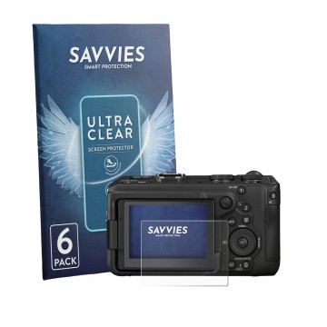 Face avant d’un emballage produit avec le logo de la marque Savvies. À côté, l’appareil Canon EOS R6 V est représenté avec la 